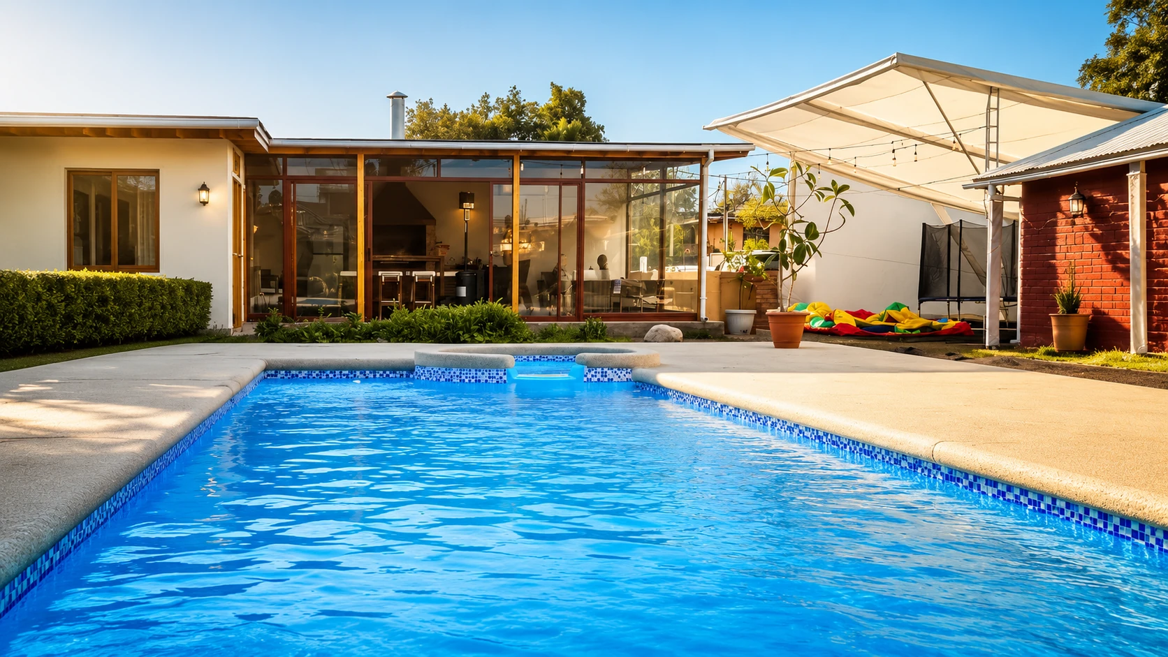 Piscina y espacios exteriores del centro de eventos durante el día